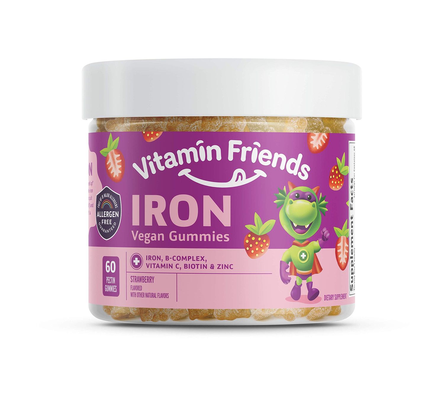 Vitamin Friends - Vegan Multivitamin &amp; Iron for Kids - Daily Nutritional Support Gummies w/Ferrous Fumarate B-Complex, Vitamin C, Zinc, Biotin - Body Function &amp; Anemia - Strawberry, (60 Day Supply)