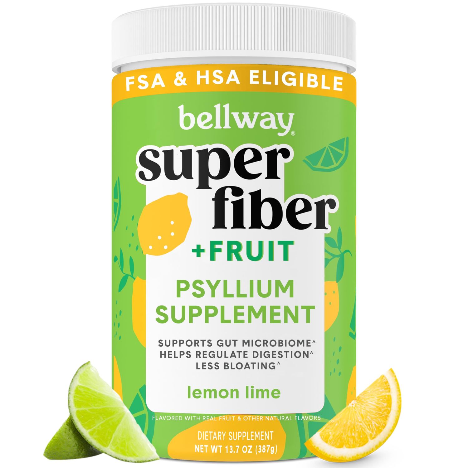 Bellway Super Fiber Powder + Fruit, Sugar Free Organic Psyllium Husk Powder Fiber Supplement for Regularity, Bloating Relief &amp; Gut Health, Non-GMO, Plant-Based, Lemon Lime (50 Servings)