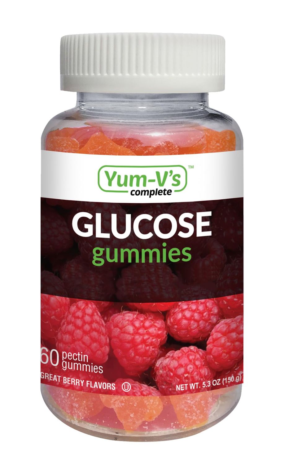 YUM-V&#39;S YumVs Complete Glucose Gummies, Raspberry Flavor, (60 Ct); Chewable Nutritional Supplement for Men and Women, Vegan, Gluten Free, Kosher, Halal
