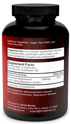 Pure Magnesium Citrate Capsules - 1300mg Magnesium Supplement with Elemental Magnesium - 120 Vegetarian Capsules