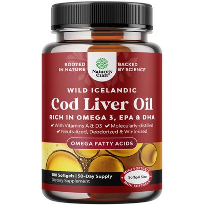 Icelandic Cod Liver Oil Softgels - Wild Caught EPA DHA Omega 3 Fish Oil 1000mg per serving - Sustainably Sourced Burpless Fish Oil Supplement with Vitamin D3 &amp; A for Heart Joint Brain &amp; Immune Support