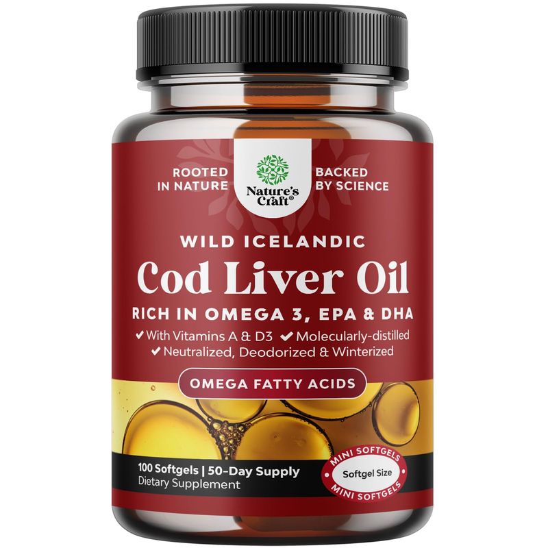 Icelandic Cod Liver Oil Softgels - Wild Caught EPA DHA Omega 3 Fish Oil 1000mg per serving - Sustainably Sourced Burpless Fish Oil Supplement with Vitamin D3 &amp; A for Heart Joint Brain &amp; Immune Support