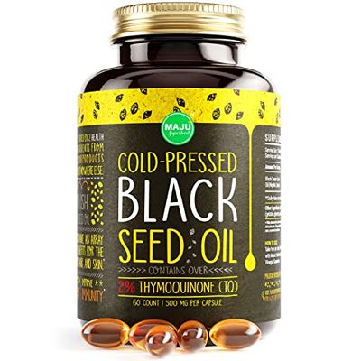 MAJU&#39;s Black Seed Oil Capsules - Cold Pressed, 2% Thymoquinone, 100% Turkish Black Cumin Nigella Sativa Seed Oil, 100% Liquid Pure Blackseed Oil 60 Count, 500mg per Capsule