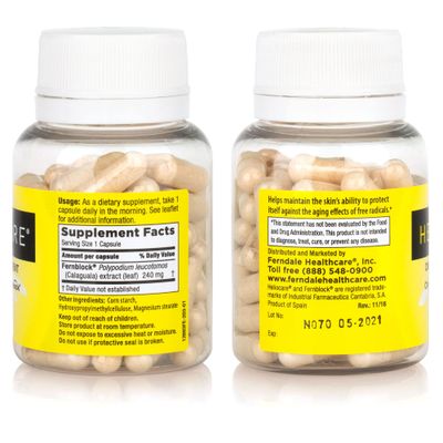 Heliocare Skin Care Dietary Supplement: 240mg Polypodium Leucotomos Extract Pills - Antioxidant Rich Formula with Fernblock and PLE Technology - 60 Veggie Capsules