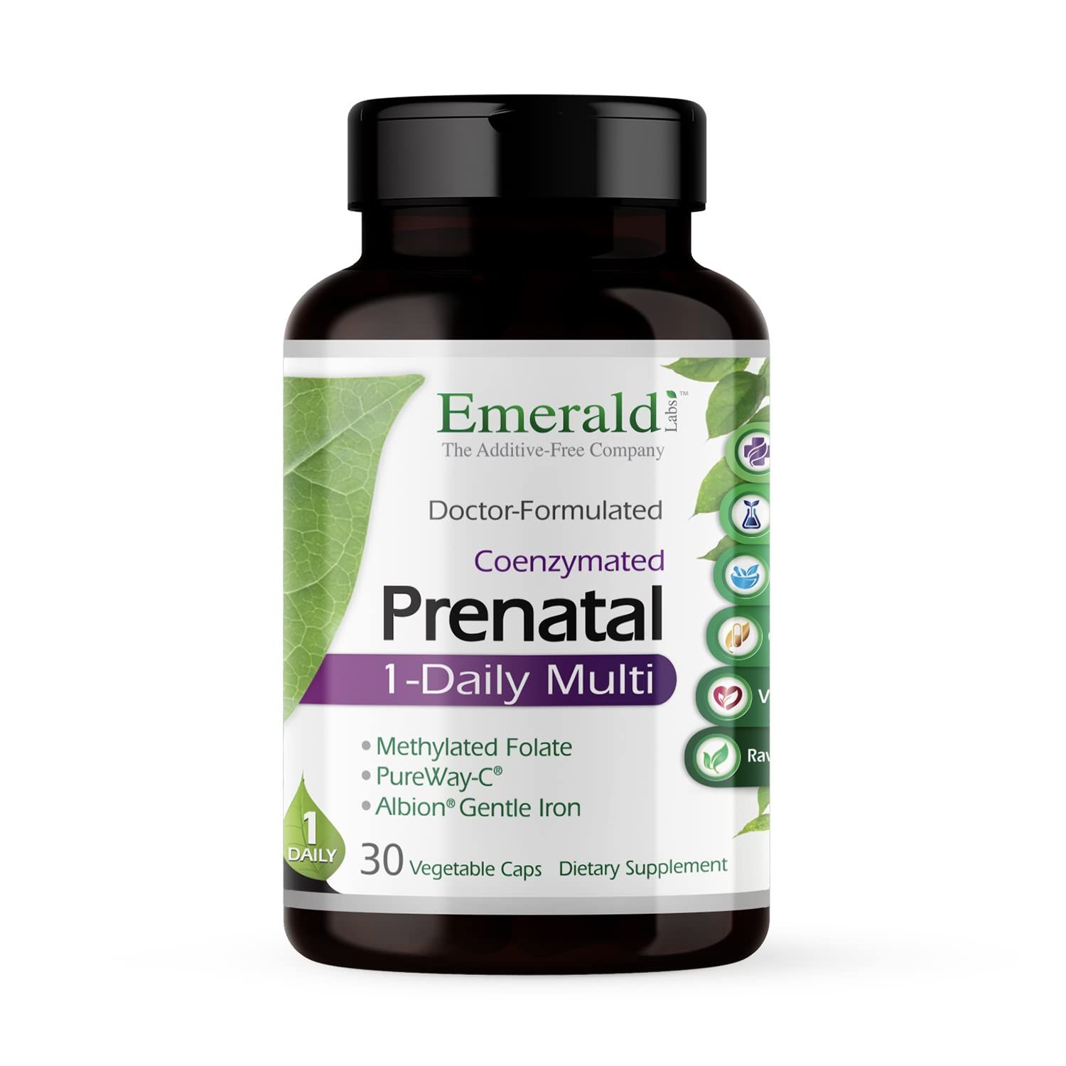 Emerald Labs Prenatal 1-Daily Multi - Prenatal Multivitamin with Methylated Folate, Iron, Whole-Food Blend &amp; More - Soy-Free, Gluten-Free - 30 Vegetable Capsules
