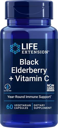 Life Extension Black Elderberry + Vitamin C, Everyday Immune Support from Elderberry &amp; Vitamin C, Gluten Free, Non-GMO, Vegetarian, 60 Capsules