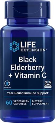 Life Extension Black Elderberry + Vitamin C, Everyday Immune Support from Elderberry &amp; Vitamin C, Gluten Free, Non-GMO, Vegetarian, 60 Capsules