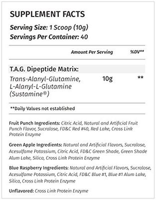 Metabolic Nutrition, TAG, Trans Alanyl Glutamine, 100% L-Glutamine Peptide Powder, Pre Intra Post Workout Supplement, 400 Grams (40 Servings) (Blue Raspberry)