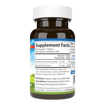 Carlson - Zinc, 15 mg, Zinc Supplement, Zinc Gluconate, Immune Support &amp; Skin Health, Zinc Tablets, Antioxidant, Zinc Capsules, 250 Tablets