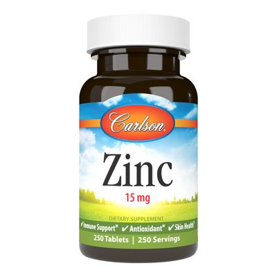 Carlson - Zinc, 15 mg, Zinc Supplement, Zinc Gluconate, Immune Support &amp; Skin Health, Zinc Tablets, Antioxidant, Zinc Capsules, 250 Tablets