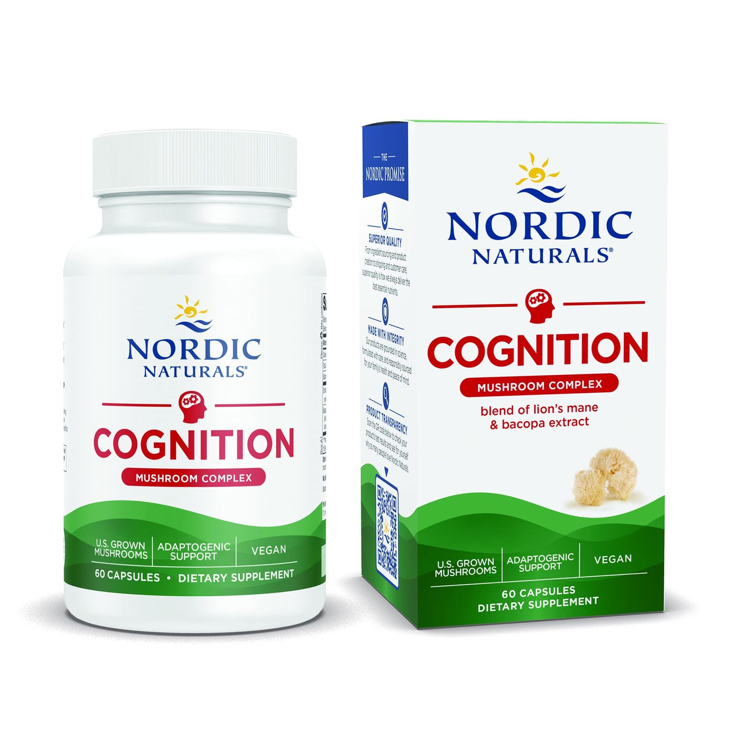 Nordic Naturals Cognition Mushroom Complex, Unflavored - 60 Capsules - Brain, Memory &amp; Mood Support - Blend of Lions Mane Mushroom &amp; Bacopa Extract - Non-GMO - Certified Vegan - 30 Servings