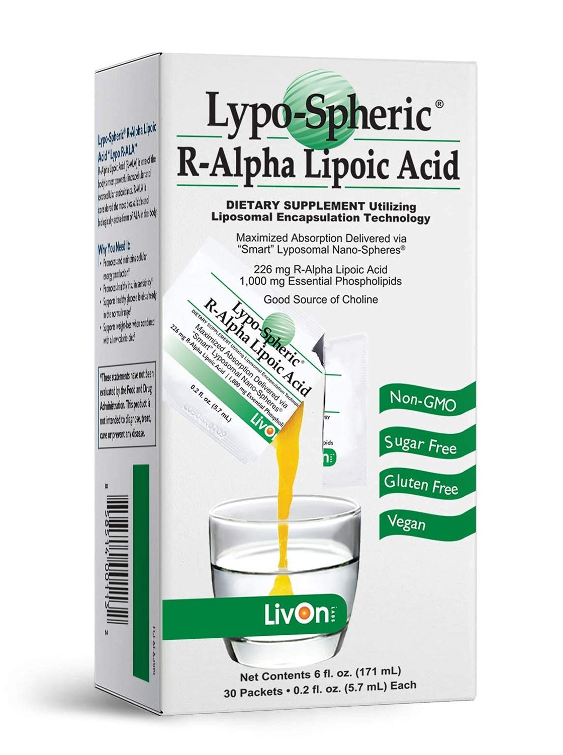LivOn Laboratories Lypo-Spheric R-Alpha Lipoic Acid - 30 Packets - 226mg Per Packet - Liposome Encapsulated for Maximum Bioavailability - 100% Non-GMO