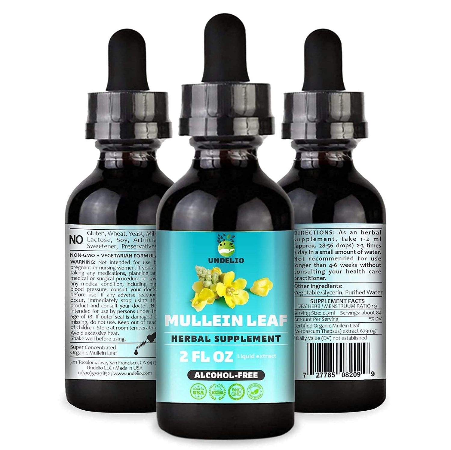 Undelio's Herbal Mullein Leaf Extract - Organic &amp; Alcohol-Free Tincture for Respiratory, Lung, Sleep &amp; Digestive Support - Non-GMO, Vegan - 2 fl. Oz for Immune Health &amp; Lung Detox