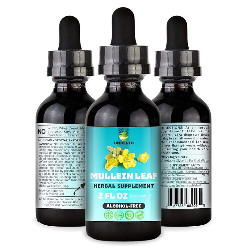 Undelio's Herbal Mullein Leaf Extract - Organic &amp; Alcohol-Free Tincture for Respiratory, Lung, Sleep &amp; Digestive Support - Non-GMO, Vegan - 2 fl. Oz for Immune Health &amp; Lung Detox
