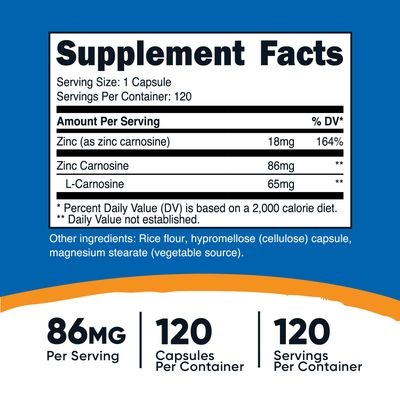 Nutricost Zinc Carnosine 86mg, 120 Capsules - Non-GMO, Gluten Free, Zinc L-Carnosine Supplement