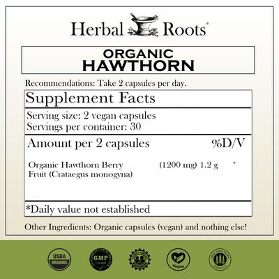 Herbal Roots Organic Hawthorn Berry Capsules | Extra Strength 1,200mg per Serving | 60 Vegan Capsules