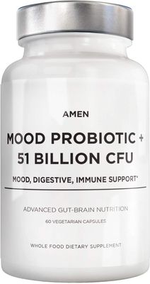 Amen Mood Probiotic Supplement 51 Billion CFU - Organic Prebiotics and Probiotics - Acidophilus Probiotic Pills, Fibers - Mood Organic Ashwagandha, Blueberries - Vegan &amp; Non-GMO - 60 Capsules