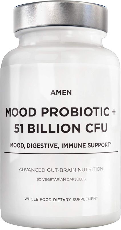 Amen Mood Probiotic Supplement 51 Billion CFU - Organic Prebiotics and Probiotics - Acidophilus Probiotic Pills, Fibers - Mood Organic Ashwagandha, Blueberries - Vegan &amp; Non-GMO - 60 Capsules
