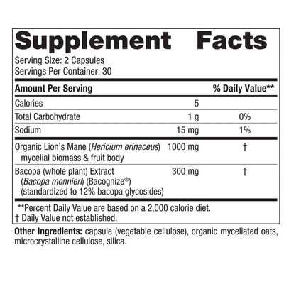 Nordic Naturals Cognition Mushroom Complex, Unflavored - 60 Capsules - Brain, Memory &amp; Mood Support - Blend of Lions Mane Mushroom &amp; Bacopa Extract - Non-GMO - Certified Vegan - 30 Servings