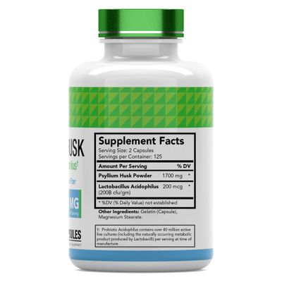 tnvitamins Psyllium Husk Capsules | 1700 MG - 250 Capsules | with Probiotic Acidophilus | Extra Strength Soluble &amp; Dietary Fiber Supplement | Supports Digestive Health
