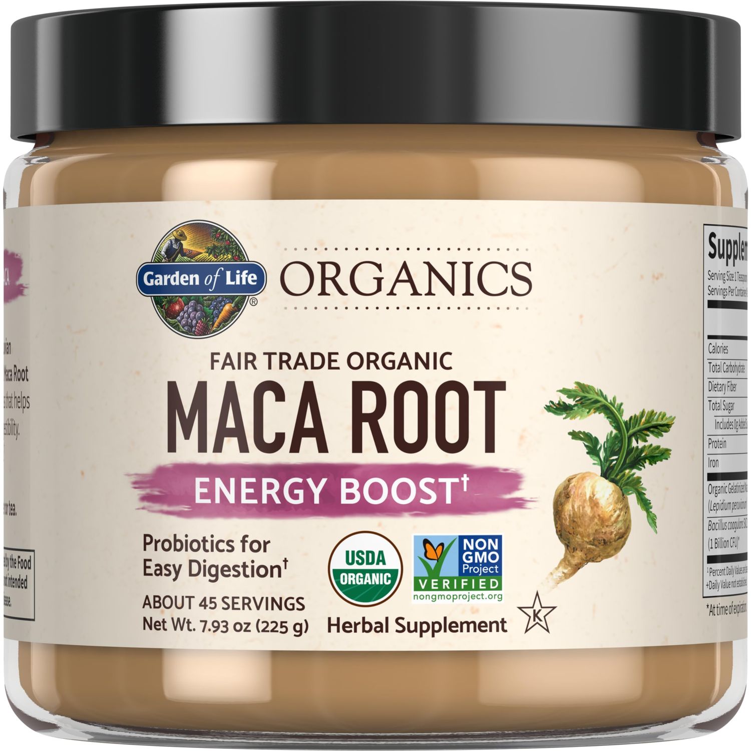 Garden of Life Organics Fair Trade Gelatinized Peruvian Maca Root Energy Boost 7.93 oz (225g) Powder with Probiotics, Certified Organic, Non-GMO, Vegan &amp; Gluten Free Herbal Supplements