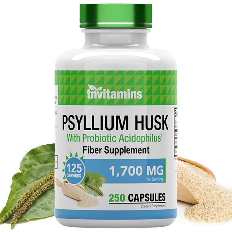 tnvitamins Psyllium Husk Capsules | 1700 MG - 250 Capsules | with Probiotic Acidophilus | Extra Strength Soluble &amp; Dietary Fiber Supplement | Supports Digestive Health