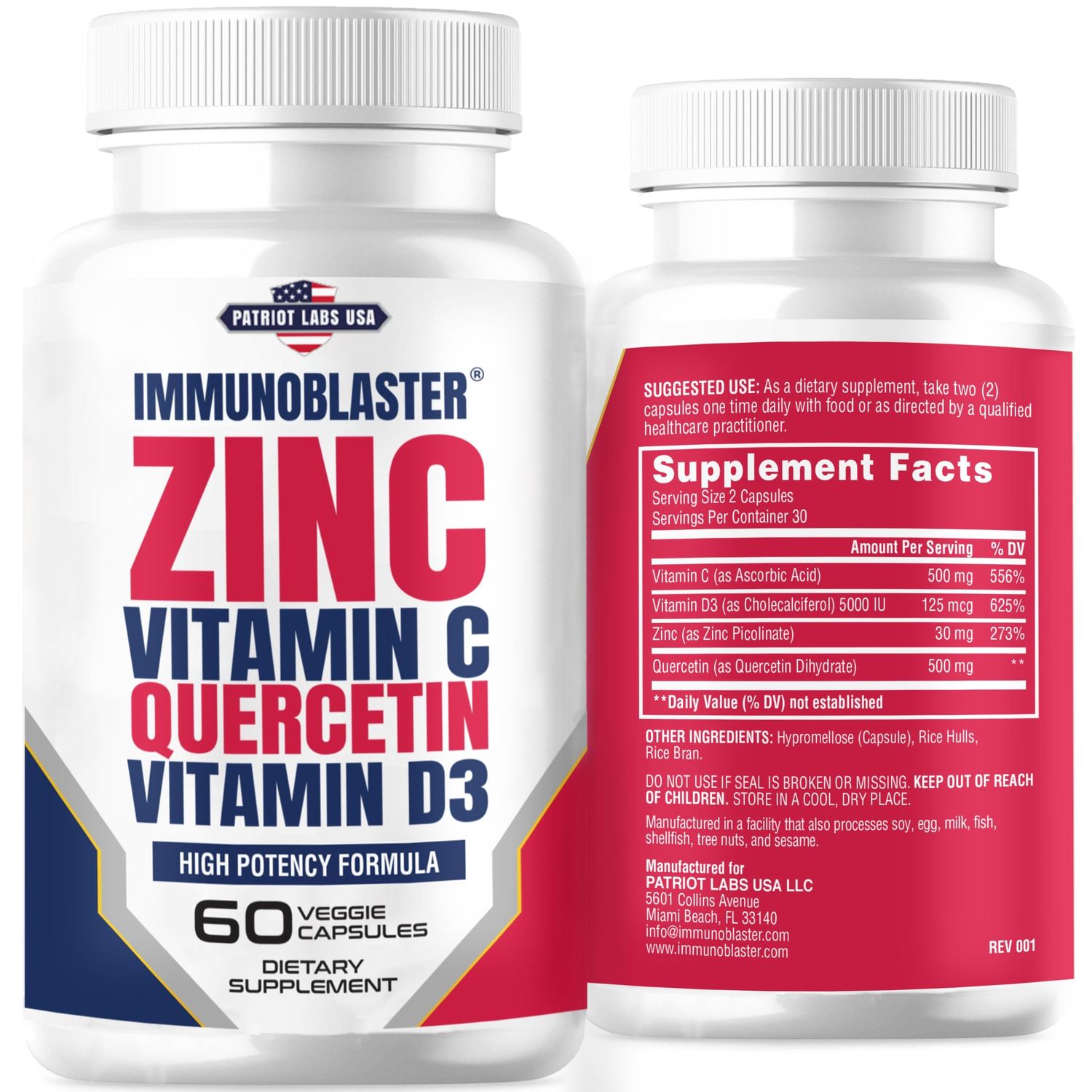 ImmunoBlaster Zinc Quercetin 500mg with Vitamin D and C Antioxidant Immune Support High Potency Quercetin Zinc Supplement for Men and Women - Gluten, Soy, &amp; Dairy Free - 60 Count (Pack of 1)