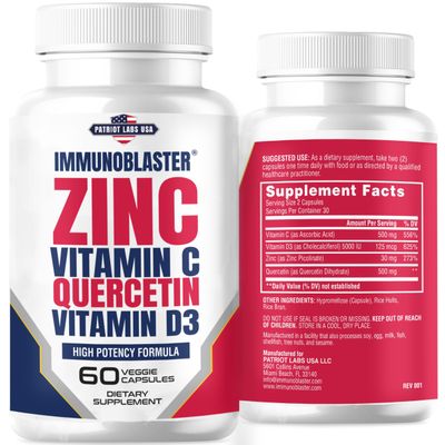 ImmunoBlaster Zinc Quercetin 500mg with Vitamin D and C Antioxidant Immune Support High Potency Quercetin Zinc Supplement for Men and Women - Gluten, Soy, &amp; Dairy Free - 60 Count (Pack of 1)