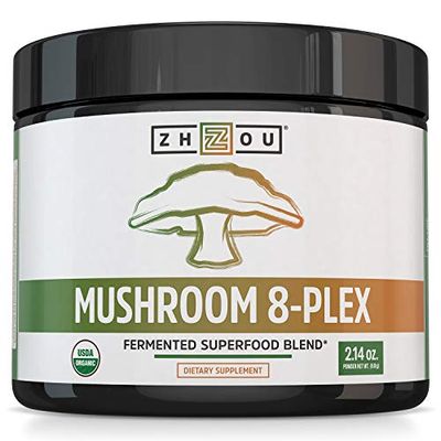 Zhou Nutrition 8-Plex Organic Mushroom Powder, Support Cognitive and Immune Health, Increase Energy, Endurance &amp; Overall Wellness, Lions Mane, Reishi &amp; Turkey Tail, 30 Servings - 2.14 Oz