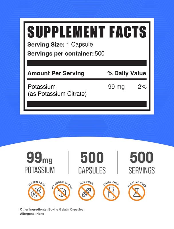 BulkSupplements.com Potassium Citrate Capsules - Potassium Supplement, Potassium Citrate 99mg - Potassium Citrate Supplement, Potassium Pills - 1 Capsule per Serving, 500 Capsules (Pack of 1)