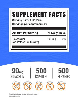 BulkSupplements.com Potassium Citrate Capsules - Potassium Supplement, Potassium Citrate 99mg - Potassium Citrate Supplement, Potassium Pills - 1 Capsule per Serving, 500 Capsules (Pack of 1)