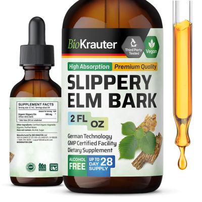 BIO KRAUTER Slippery Elm Bark Drops - Ulmus Rubra Slippery Elm Liquid - Slippery Elm Tincture for Respiratory &amp; Digestive Health - Vegan, Alcohol &amp; Sugar Free Slippery Elm Extract - 2 Fl.Oz.
