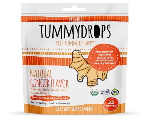 USDA Organic Natural Ginger Tummydrops, Gluten Free &amp; Vegan, 33 Individually Wrapped Drops in a Resealable Bag