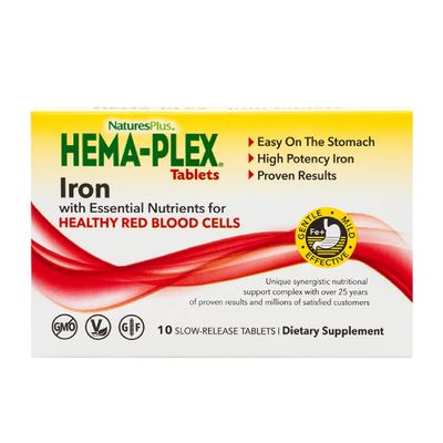 NaturesPlus Hema-Plex Iron - 10 Slow-Release Tablets - 85 mg Chelated Iron - Total Blood Health - with Vitamin C &amp; Bioflavonoids - Vegan, Gluten Free - 10 Servings