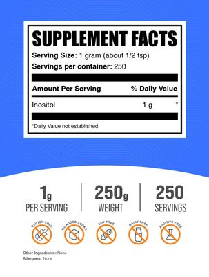 BulkSupplements.com Inositol Powder - Inositol Supplement, Vitamin B8 Powder, Inositol 1000mg - Unflavored & Gluten Free, 1000mg per Serving, 250g (8.8 oz) (Pack of 1)
