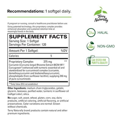 Terry Naturally CuraMed 375 mg Curcumin Complex - 120 Softgels - Superior Absorption BCM-95 - Non-GMO, Gluten Free, Halal - 120 Servings