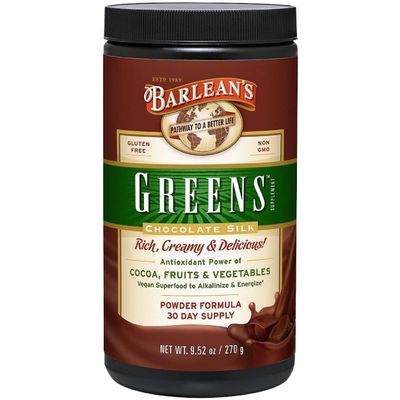 Barlean&#39;s Chocolate Greens Powder, Daily Fruits &amp; Veggies Superfood Supplement, Green Antioxidant Blend &amp; Fiber Super Power Smoothie Mix, 9.52 oz