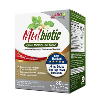 LABO Nutrition Mulbiotic, Organic Mulberry Leaf Extract + LactoSpore Probiotic &amp; Fenumannan Prebiotic, for Carb Cravings Support, Vegetarian, Non-GMO