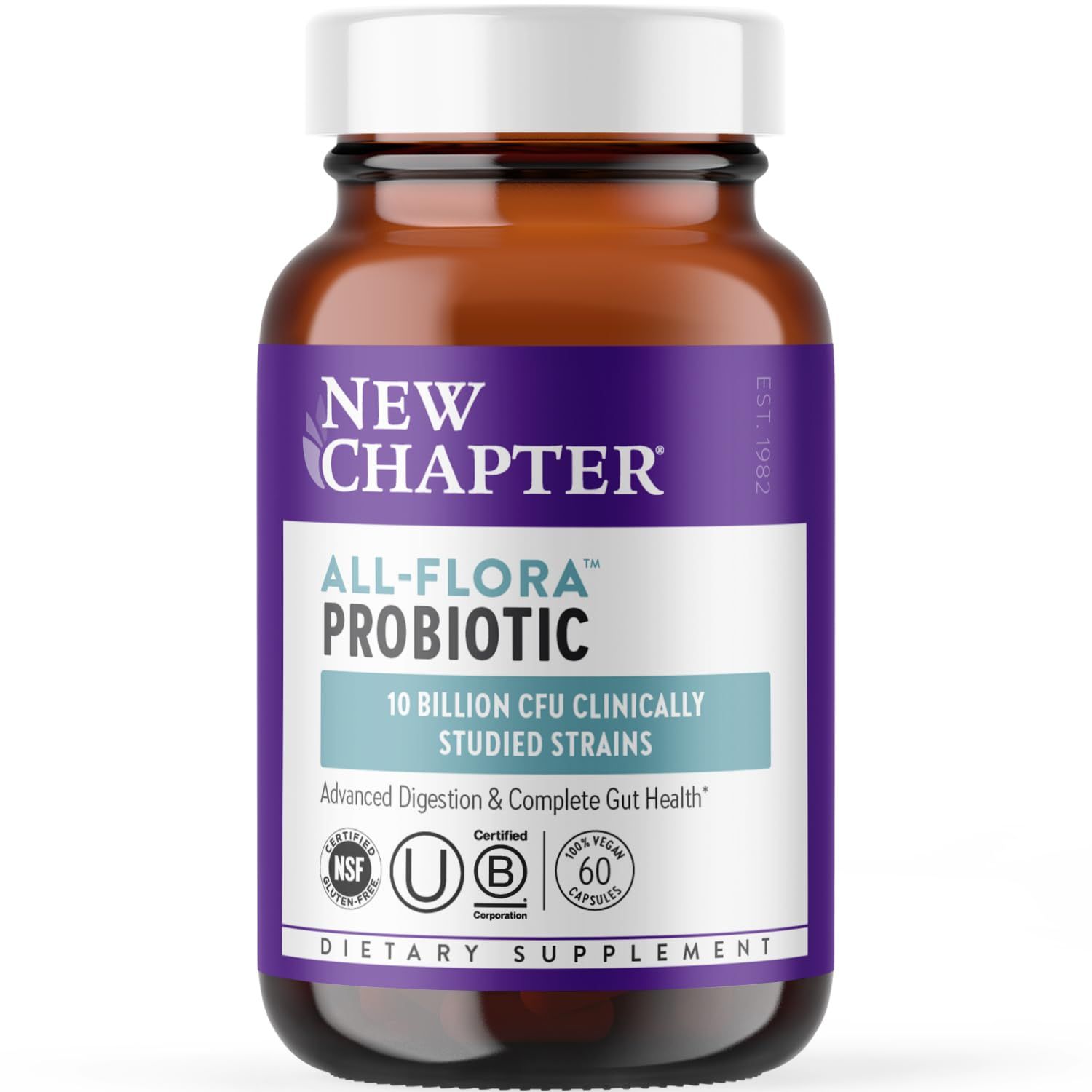 New Chapter Probiotic All-Flora - 60 ct (2 Month Supply) for Advanced Digestion &amp; Complete Gut Health with Prebiotics + Postbiotics, Clinically Studied Strains, 100% Vegan, Non-GMO, Shelf Stable