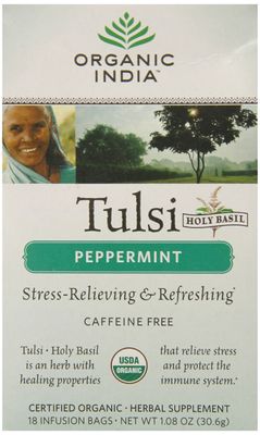 Organic India Tulsi Peppermint Tea, Immune Support, Organic, Non-GMO, and Fair Trade, 18 Infusion Bags (Pack of 1)