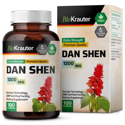 BIO KRAUTER Dan Shen Root Capsules - 1200 mg Strength - 100 Red Sage Caps - Antioxidant Source - Salvia Miltiorrhiza Root Capsules - Vegan