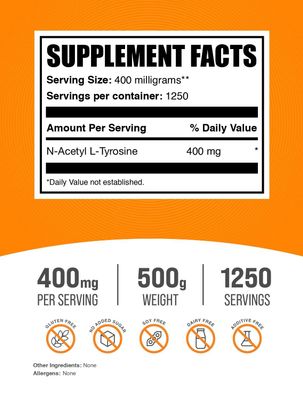 BulkSupplements.com N-Acetyl L-Tyrosine Powder -Tyrosine Supplement, NALT Powder - Amino Acid Supplement, Unflavored & Gluten Free, 400mg per Serving, 500g (1.1 lbs) (Pack of 1)