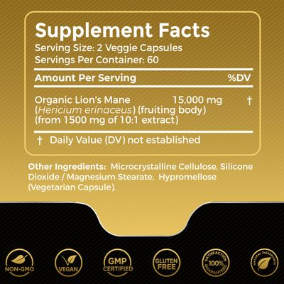 Lions Mane Supplement Capsules - 120 Count - Mushroom Supplement, Brain Supplements for Memory and Focus, Lion's Mane Mushroom Capsules Organic - Cognitive and Immune Support, Focus Supplement