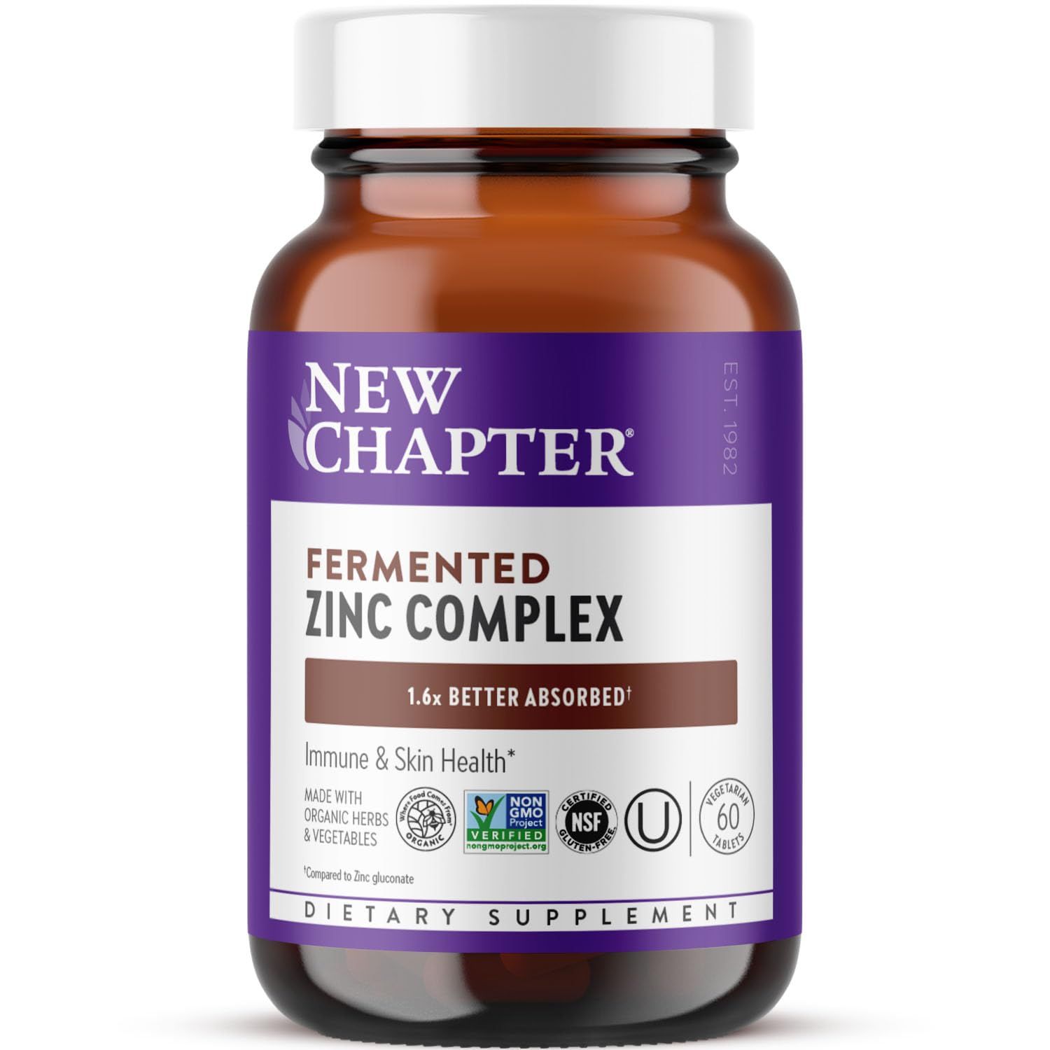 New Chapter Zinc Supplement, Fermented Zinc Complex, ONE Daily for Immune Support + Skin Health, Mineral-Balancing Formula Rich in Copper, Easy to Swallow &amp; Digest, 60 Count (2 Month Supply)