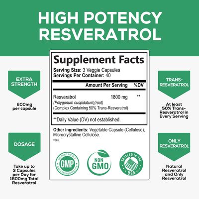 Resveratrol Supplement 1800mg - Extra Strength Antioxidants for Healthy Aging &amp; Immune Support - Heart Health &amp; Cellular Energy Support - Non-GMO, Bioavailable Trans-Resveratrol - 120 Vegan Capsules