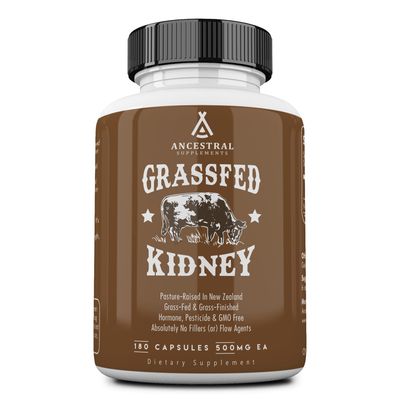 Ancestral Supplements Grass Fed Beef Kidney Supplement, 3000mg, DAO Enzyme Supplement, Kidney Support for Urinary and Histamine Health, Selenium, B12, Non GMO, 180 Capsules