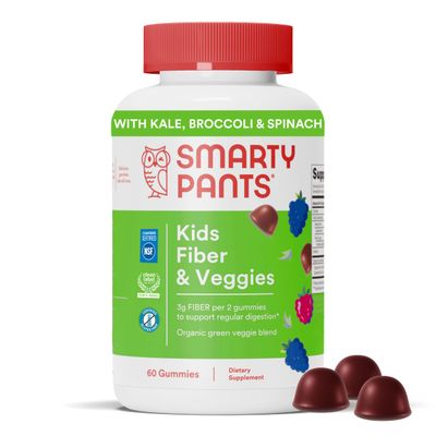SmartyPants Kids Fiber &amp; Veggies: Prebiotic Fiber Gummies for Kids, Fiber Supplement with Inulin, Organic Green Veggie Blend, Vegan, Gluten Free, Mixed Berry Flavor, 60 Count (30 Day Supply)