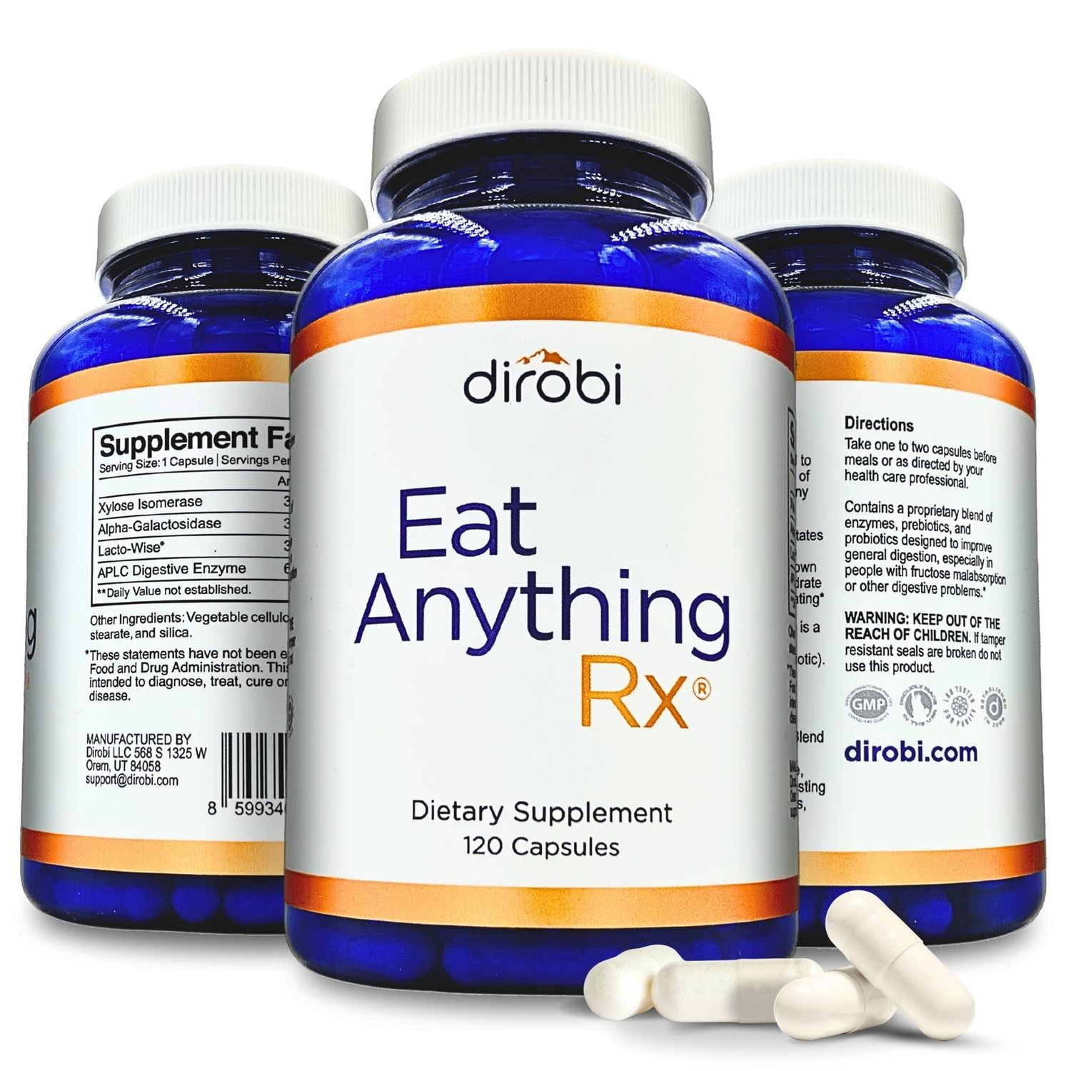 Dirobi Eat Anything Xylose Isomerase Fructose Malabsorption Enzymes, FODMAP Supplement, Digestive Enzymes for Better Lactose, Fat, Protein &amp; Carbohydrate Digestion Gas &amp; Bloating Relief 120 Capsules
