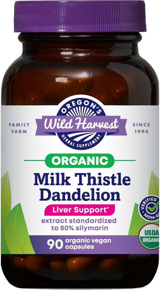 Oregon&#39;s Wild Harvest Certified Organic Milk Thistle Dandelion Capsules, 80% Silymarin, Burdock and Artichoke, 90 Count