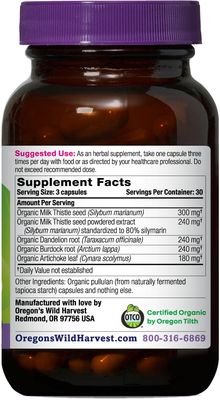 Oregon's Wild Harvest Certified Organic Milk Thistle Dandelion Capsules, 80% Silymarin, Burdock and Artichoke, 90 Count